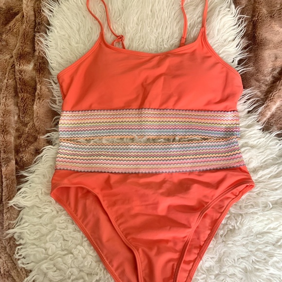 NWT SHEIN Peach Orange High Waist Bikini Bathing Suit L - Picture 2 of 7